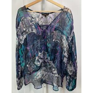 SINGLE City M Print Silk Long Sleeve Wrap Top Hi Low Sheer Multicolor Blue USA